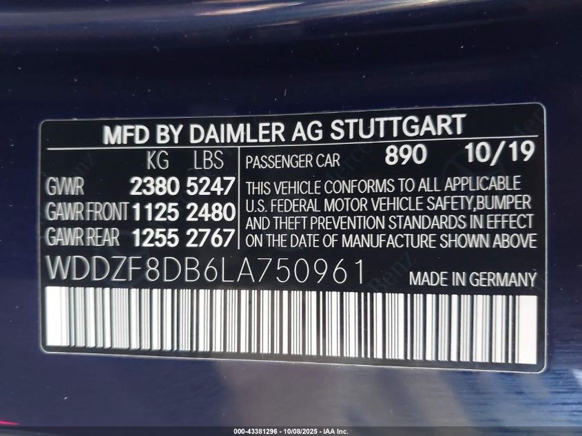 2020 Mercedes-Benz E 350 VIN: WDDZF8DB6LA750961 Lot: 43381296