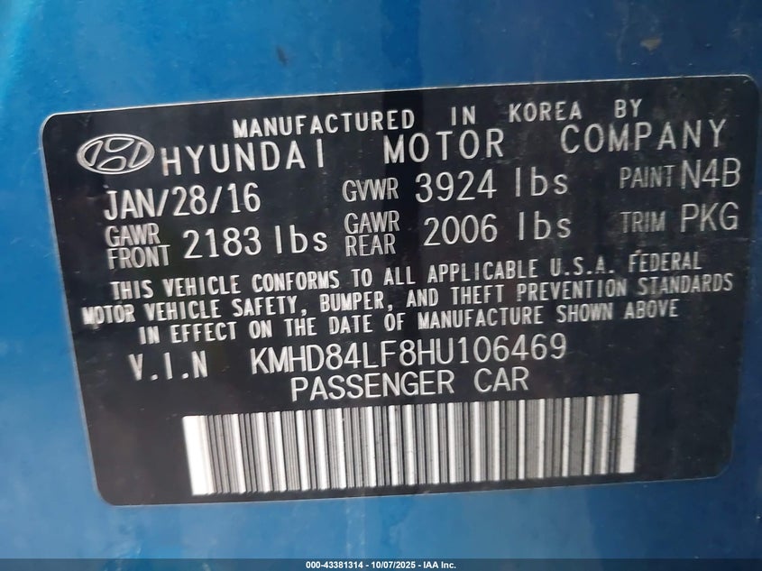 VIN KMHD84LF8HU106469 2017 HYUNDAI ELANTRA SE