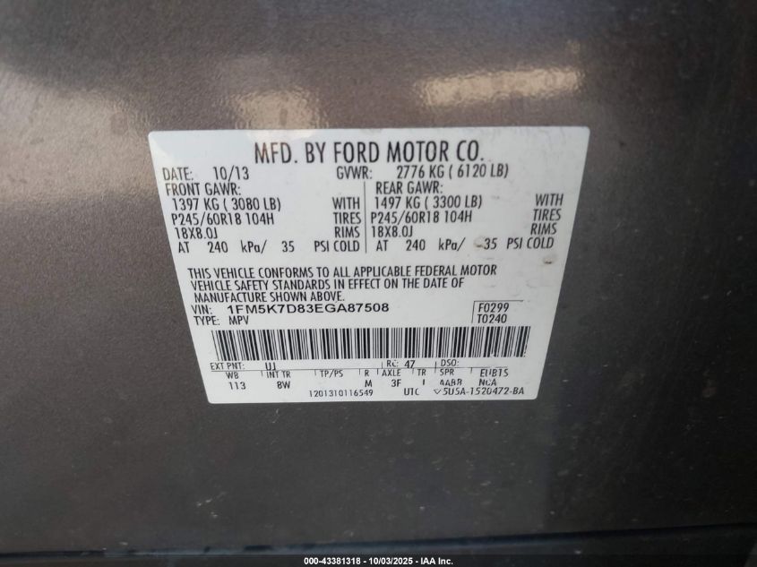 2014 Ford Explorer Xlt VIN: 1FM5K7D83EGA87508 Lot: 43381318