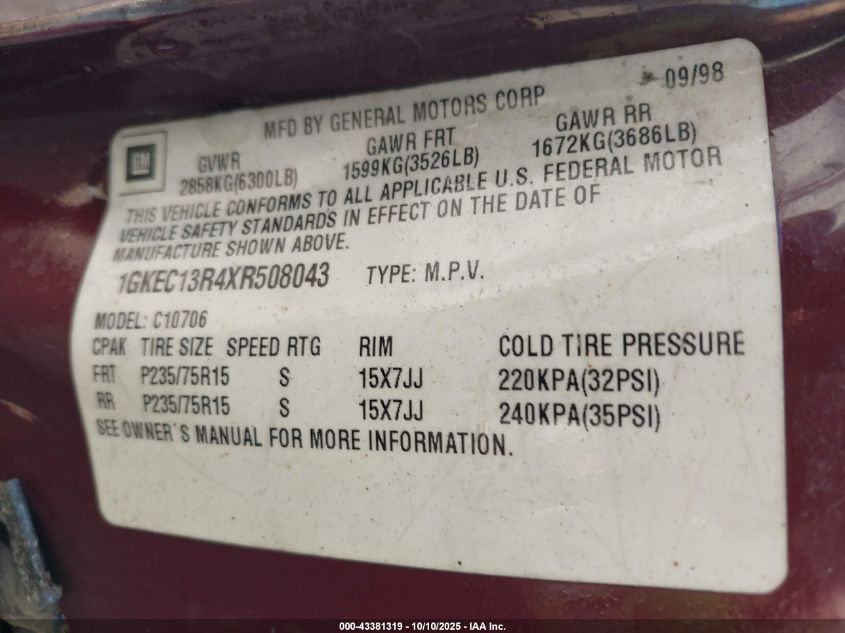 1999 GMC Yukon Slt VIN: 1GKEC13R4XR508043 Lot: 43381319