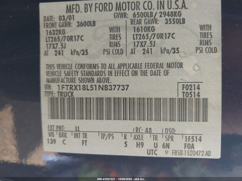2001 Ford F-150 Lariat/Xl/Xlt VIN: 1FTRX18L51NB37737 Lot: 43381321