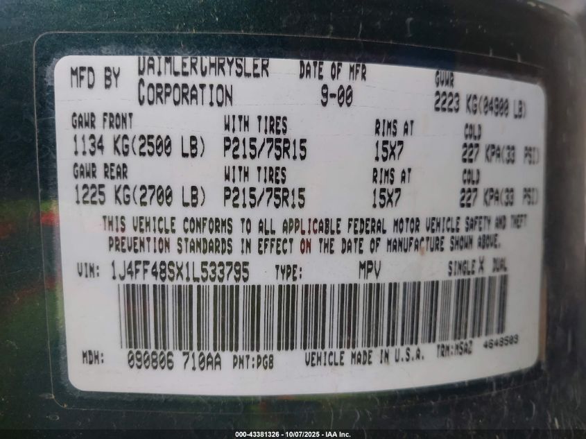 2001 Jeep Cherokee Sport VIN: 1J4FF48SX1L533795 Lot: 43381326