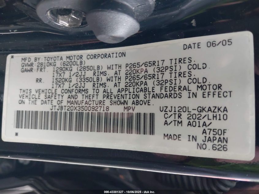 2005 Lexus Gx 470 VIN: JTJBT20X350092718 Lot: 43381327