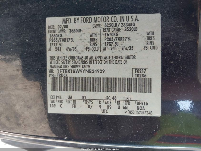 2000 Ford F-150 Lariat/Work Series/Xl/Xlt VIN: 1FTRX18W9YNB24929 Lot: 43381328