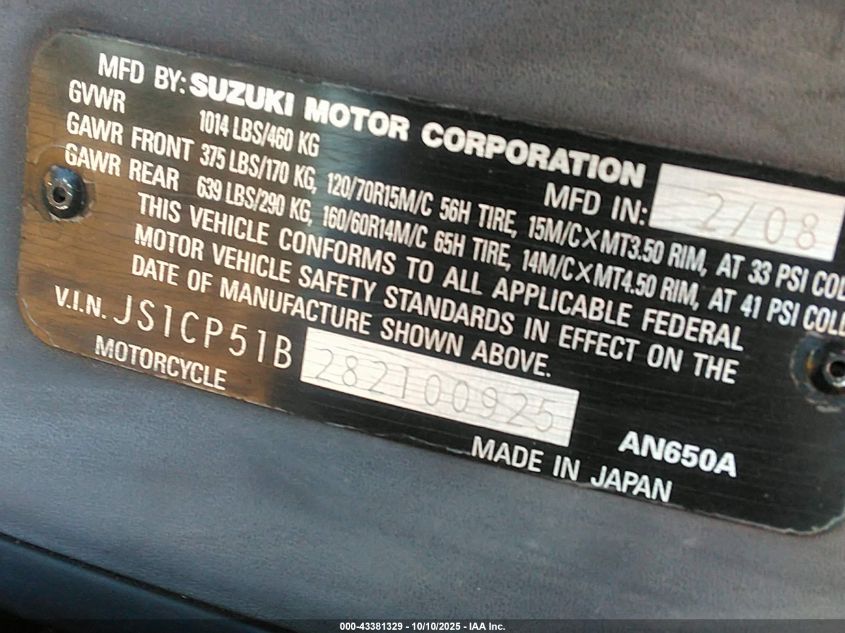 2008 Suzuki An650 A VIN: JS1CP51B282100925 Lot: 43381329