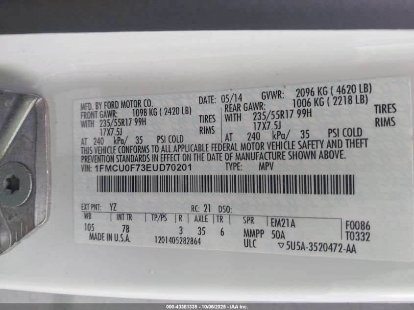 2014 Ford Escape S VIN: 1FMCU0F73EUD70201 Lot: 43381335