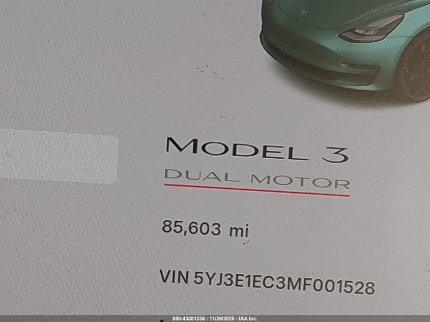 2021 Tesla Model 3 Performance Dual Motor All-Wheel Drive VIN: 5YJ3E1EC3MF001528 Lot: 43381336