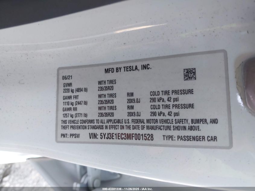 2021 Tesla Model 3 Performance Dual Motor All-Wheel Drive VIN: 5YJ3E1EC3MF001528 Lot: 43381336