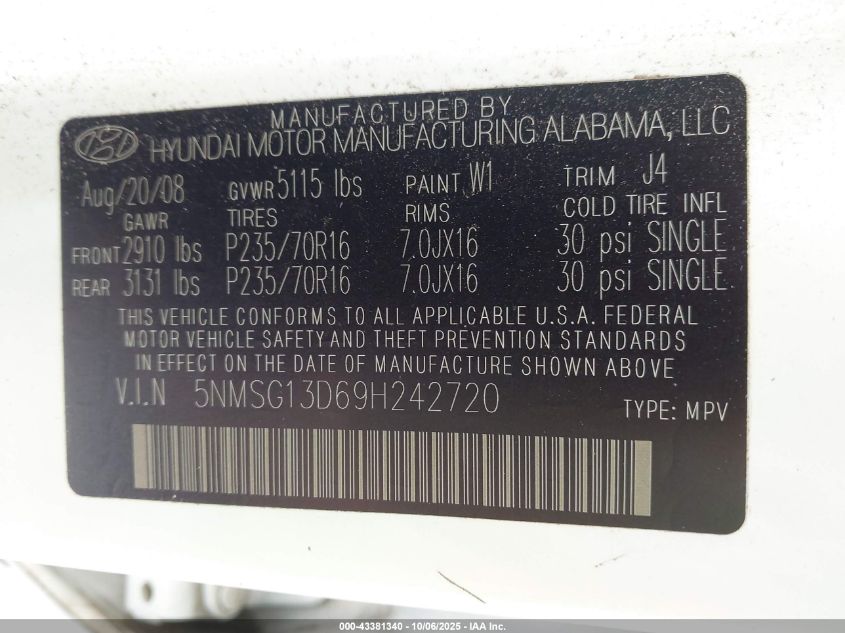 2009 Hyundai Santa Fe Gls VIN: 5NMSG13D69H242720 Lot: 43381340