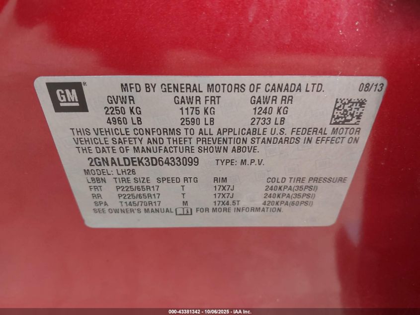 2013 Chevrolet Equinox 1Lt VIN: 2GNALDEK3D6443309 Lot: 43381342