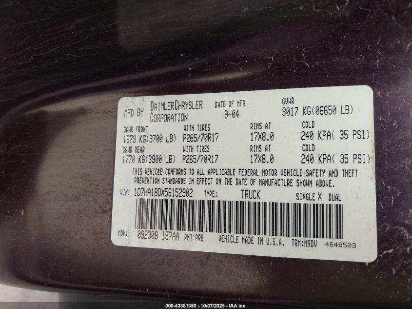 2005 Dodge Ram 1500 Slt/Laramie VIN: 1D7HA18DX5S152902 Lot: 43381350