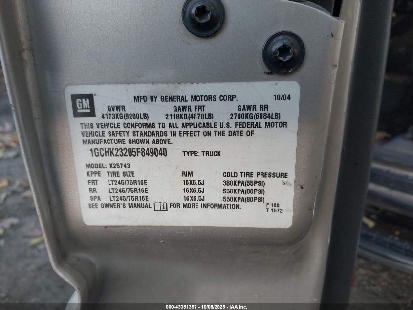 2005 Chevrolet Silverado 2500Hd Ls VIN: 1GCHK23205F849040 Lot: 43381357