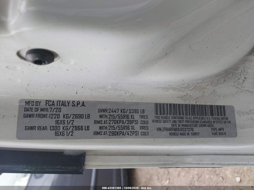 2020 Ram Promaster City Tradesman VIN: ZFBHRFABXL6S37370 Lot: 43381365