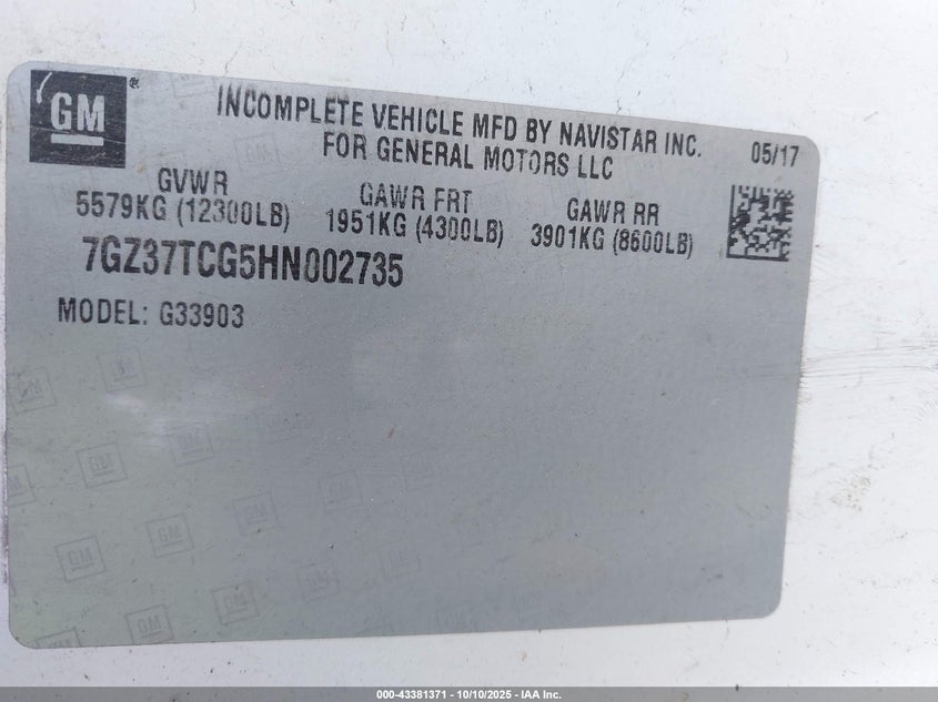 2017 GMC Savana Cutaway Work Van VIN: 7GZ37TCG5HN002735 Lot: 43381371