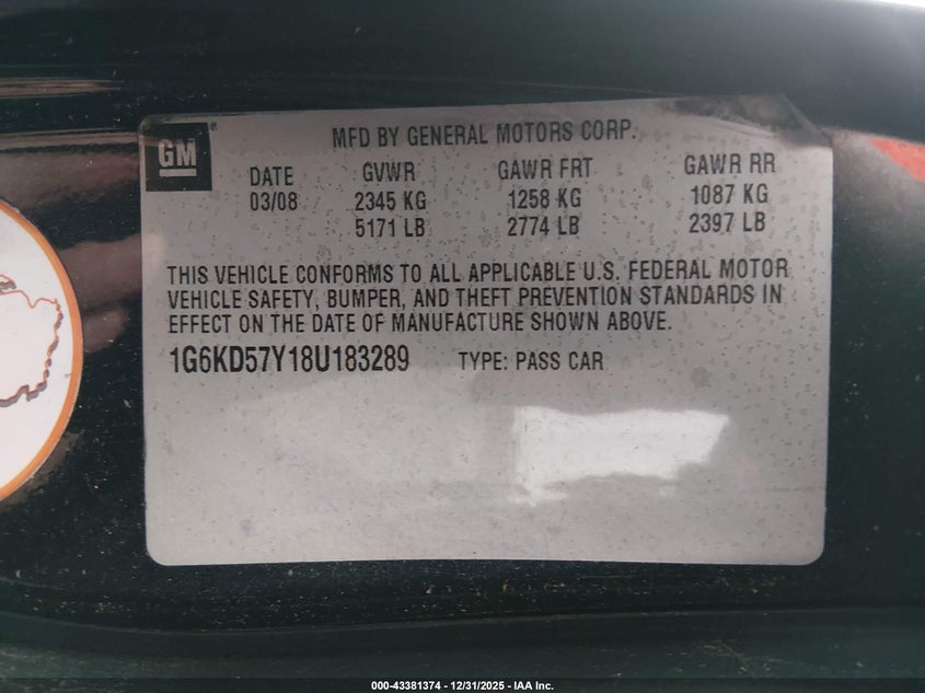 2008 Cadillac Dts 1Sb VIN: 1G6KD57Y18U183289 Lot: 43381374