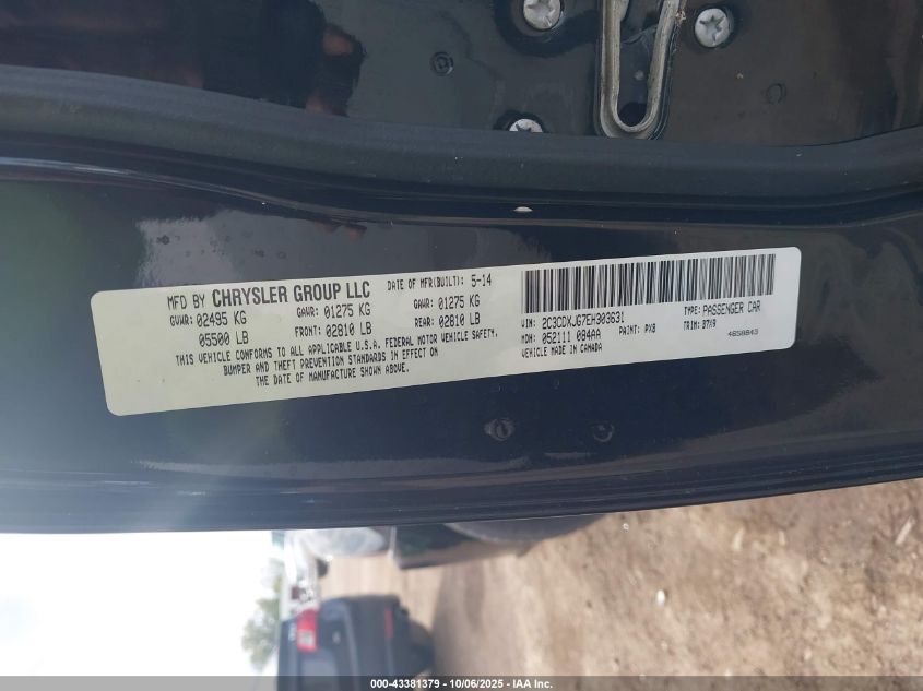 2014 Dodge Charger Sxt VIN: 2C3CDXJG7EH303631 Lot: 43381379