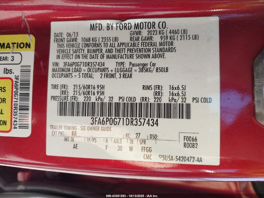 2013 Ford Fusion S VIN: 3FA6P0G71DR357434 Lot: 43381393