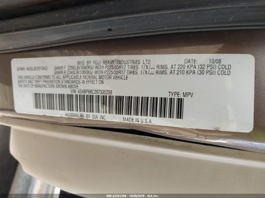 2009 Subaru Outback 2.5I Limited VIN: 4S4BP66C297335298 Lot: 43381396