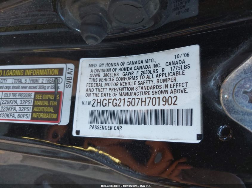 2007 Honda Civic Si VIN: 2HGFG21507H701902 Lot: 43381398