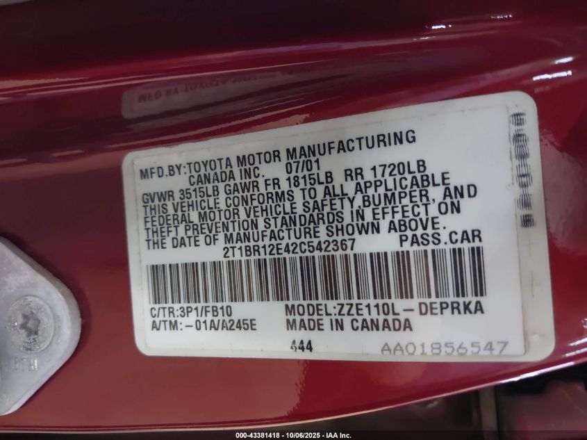 2002 Toyota Corolla Ce VIN: 2T1BR12E42C542367 Lot: 43381418