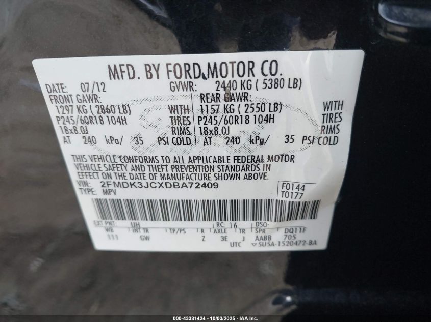 2013 Ford Edge Sel VIN: 2FMDK3JCXDBA72409 Lot: 43381424