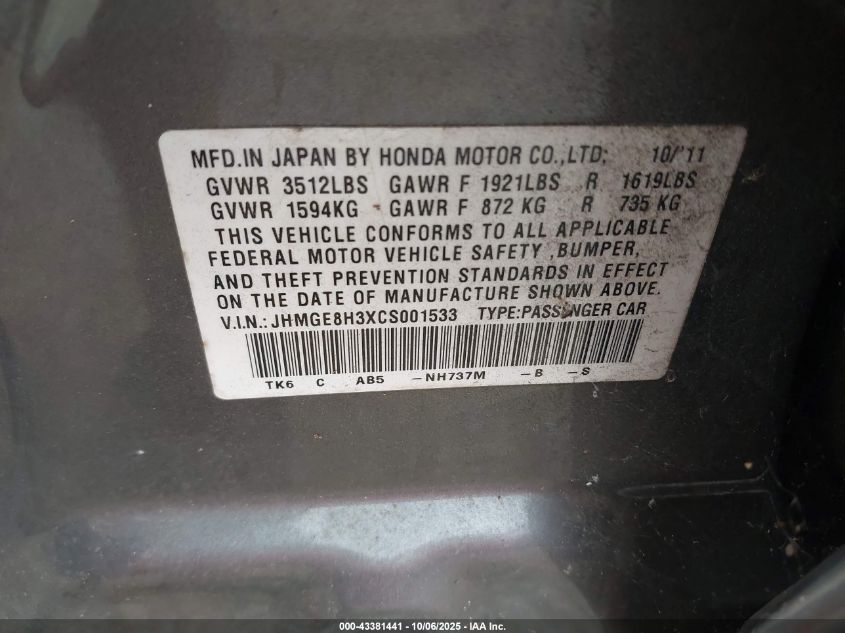 2012 Honda Fit VIN: JHMGE8H3XCS001533 Lot: 43381441