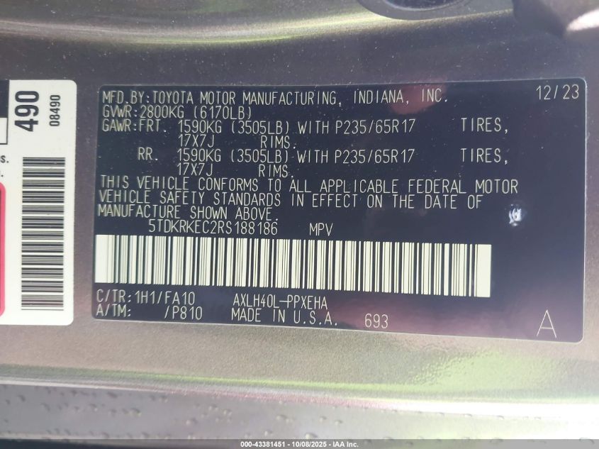 2024 Toyota Sienna Le VIN: 5TDKRKEC2RS188186 Lot: 43381451