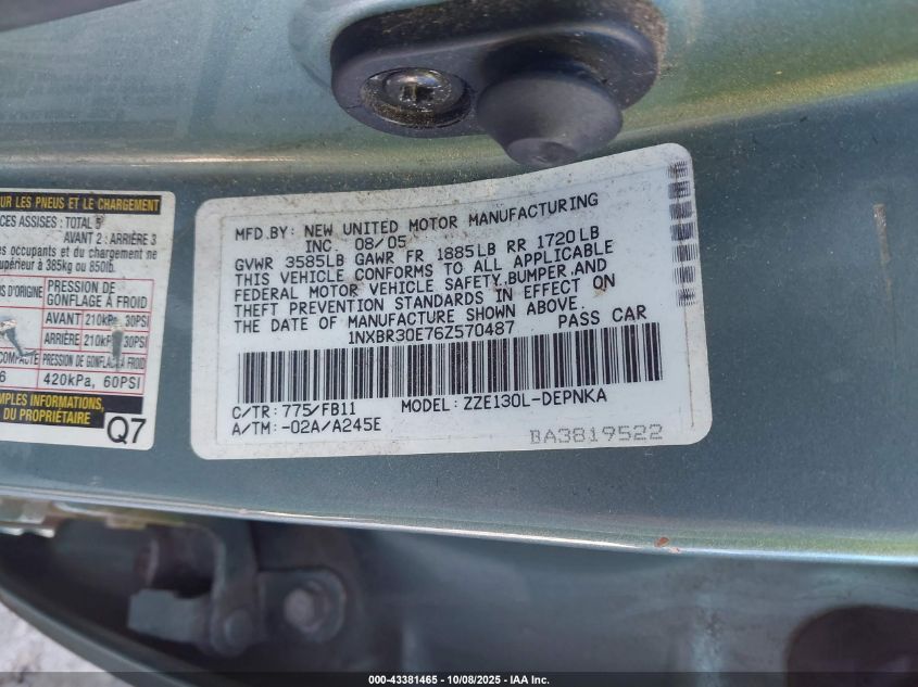 2006 Toyota Corolla Le VIN: 1NXBR30E76Z570487 Lot: 43381465