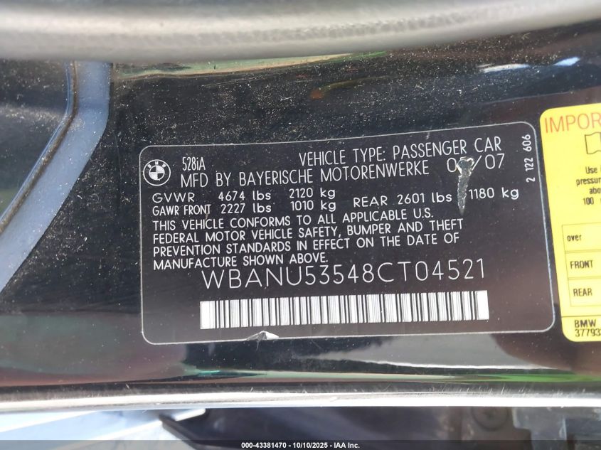 2008 BMW 528I VIN: WBANU53548CT04521 Lot: 43381470