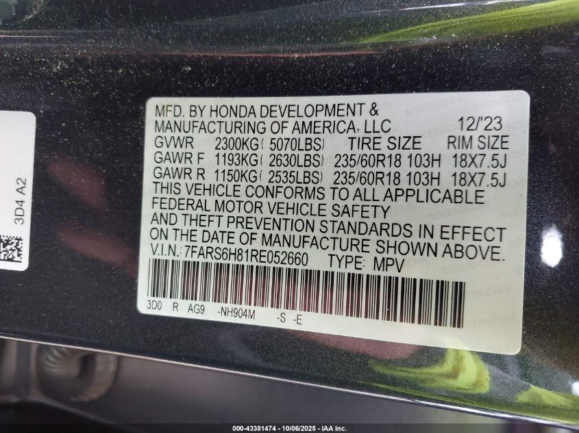 2024 Honda Cr-V Hybrid Sport-L VIN: 7FARS6H81RE052660 Lot: 43381474