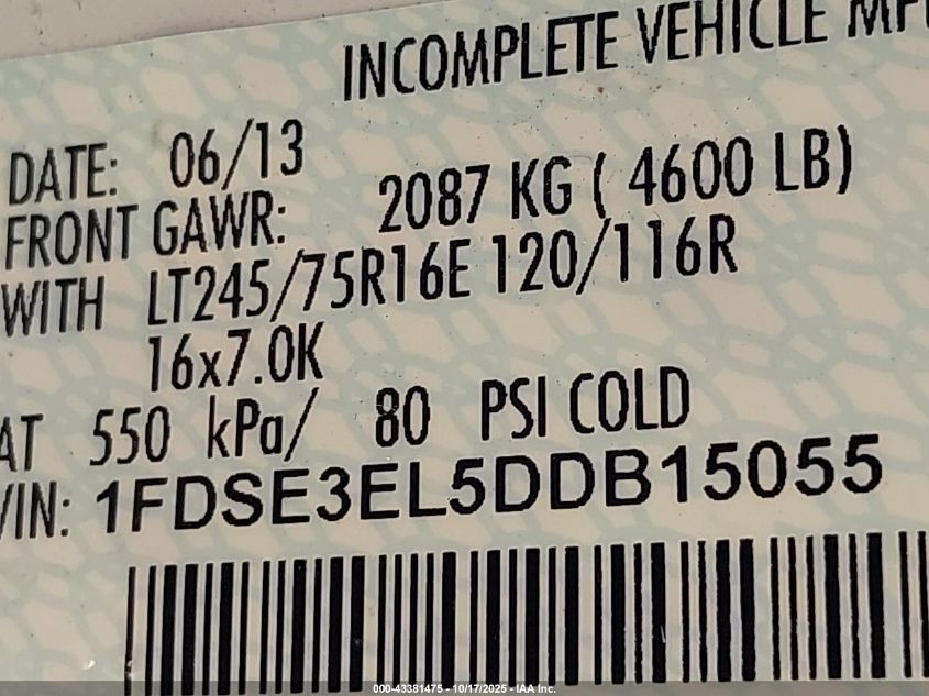 2013 Ford E-350 Super Duty Commercial VIN: 1FDSE3EL5DDB15055 Lot: 43381475