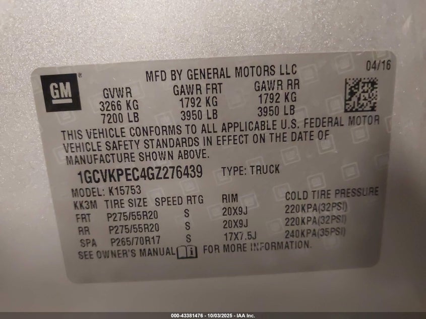 2016 CHEVROLET SILVERADO 1500 CUSTOM - 1GCVKPEC4GZ276439