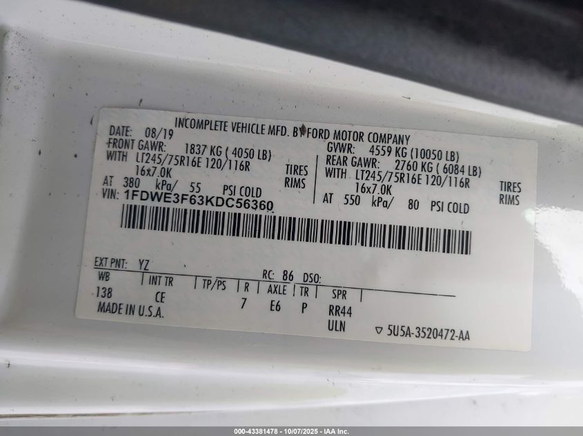 2019 Ford E-350 Cutaway VIN: 1FDWE3F63KDC56360 Lot: 43381478