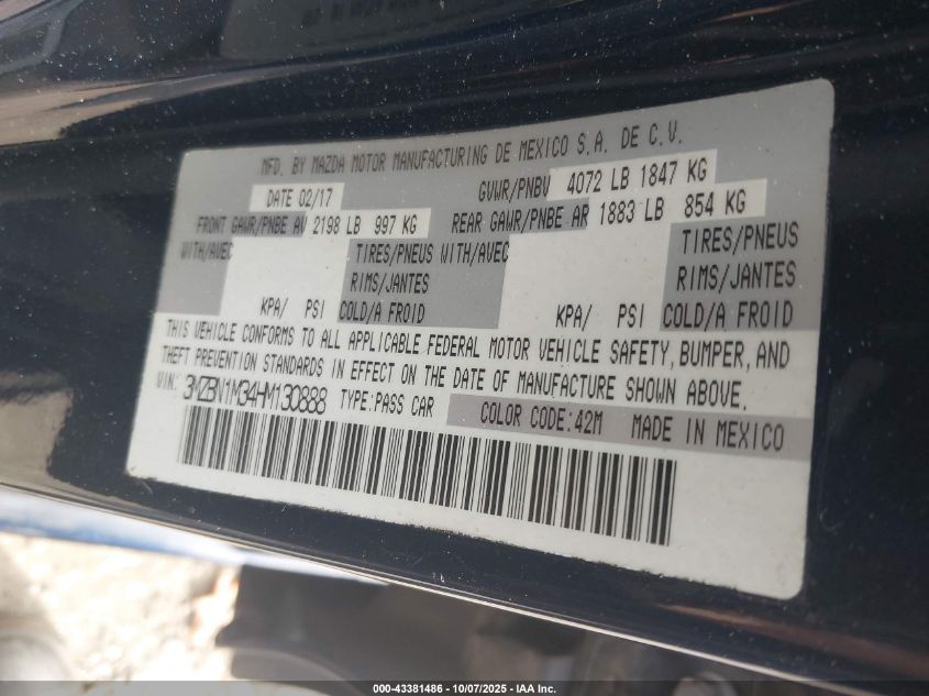 2017 Mazda Mazda3 Grand Touring VIN: 3MZBN1M34HM130888 Lot: 43381486