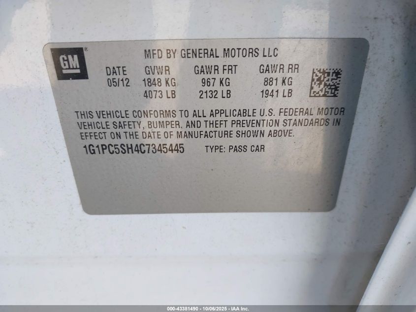 2012 Chevrolet Cruze Ls VIN: 1G1PC5SH4C7345445 Lot: 43381490