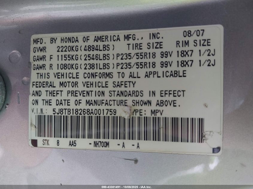 2008 Acura Rdx VIN: 5J8TB18268A001759 Lot: 43381491