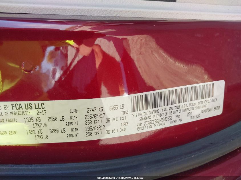 2017 Chrysler Pacifica Touring-L VIN: 2C4RC1BG0HR703050 Lot: 43381493