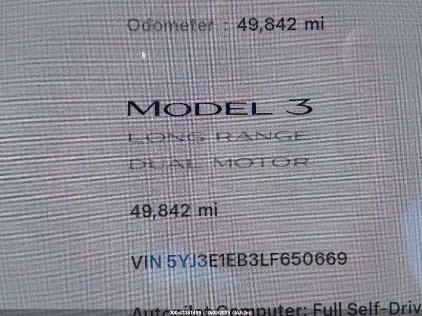 2020 Tesla Model 3 Long Range Dual Motor All-Wheel Drive VIN: 5YJ3E1EB3LF650669 Lot: 43381499