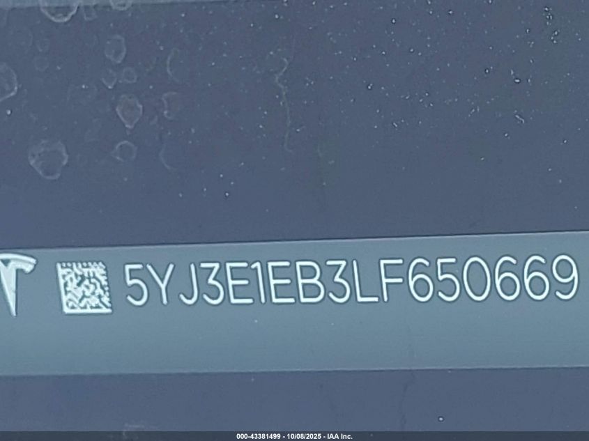2020 Tesla Model 3 Long Range Dual Motor All-Wheel Drive VIN: 5YJ3E1EB3LF650669 Lot: 43381499