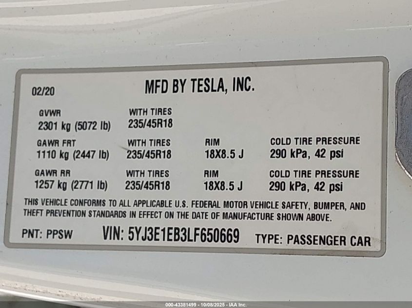 2020 Tesla Model 3 Long Range Dual Motor All-Wheel Drive VIN: 5YJ3E1EB3LF650669 Lot: 43381499