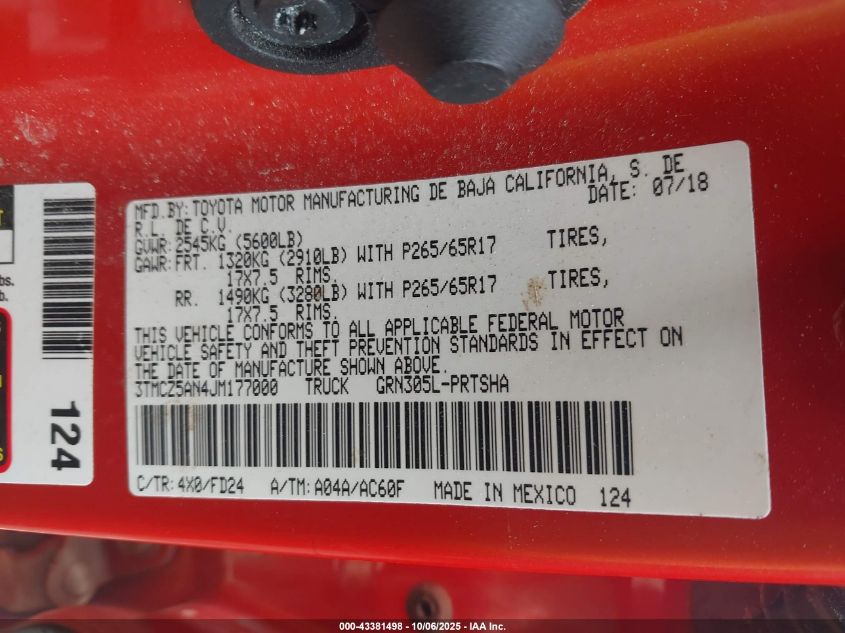 2018 Toyota Tacoma Trd Sport VIN: 3TMCZ5AN4JM177000 Lot: 43381498