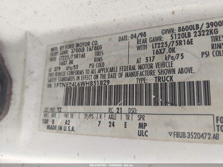 1998 Ford E-250 Commercial/Recreational VIN: 1FTNE24L6WH851829 Lot: 43381503