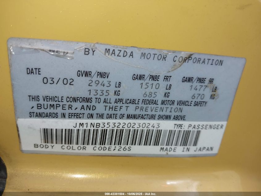 2002 Mazda Mx-5 Miata Cloth/Ls/Se VIN: JM1NB353220230243 Lot: 43381504