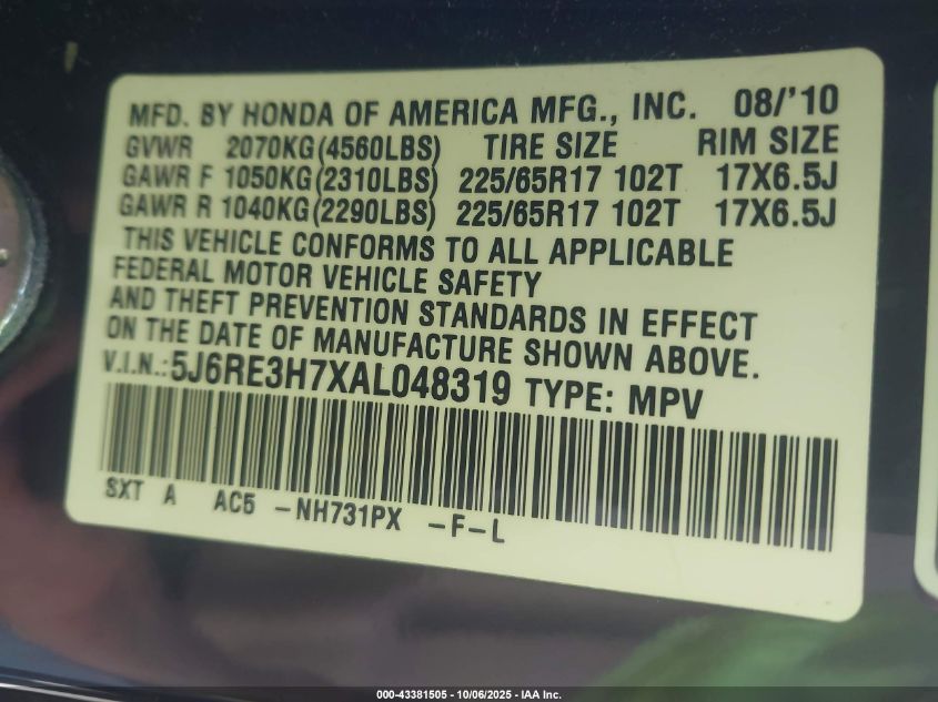 2010 Honda Cr-V Ex-L VIN: 5J6RE3H7XAL048319 Lot: 43381505