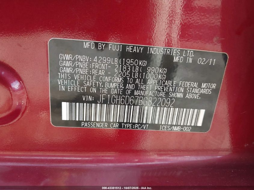 2011 Subaru Impreza Outback Sport VIN: JF1GH6D67BG822092 Lot: 43381512