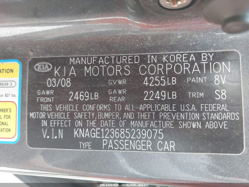 2008 Kia Optima Lx VIN: KNAGE123685239075 Lot: 43381520