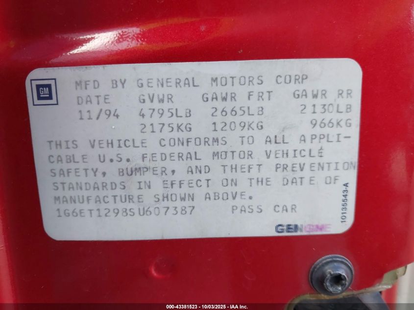 1995 Cadillac Eldorado Touring VIN: 1G6ET1298SU607387 Lot: 43381523