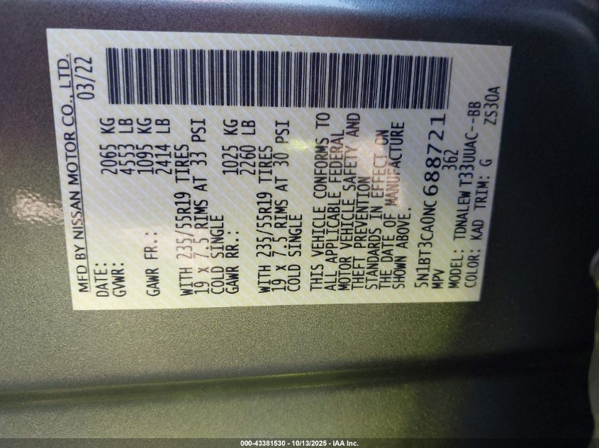 2022 Nissan Rogue Sl VIN: 5N1BT3CA0NC688721 Lot: 43381530