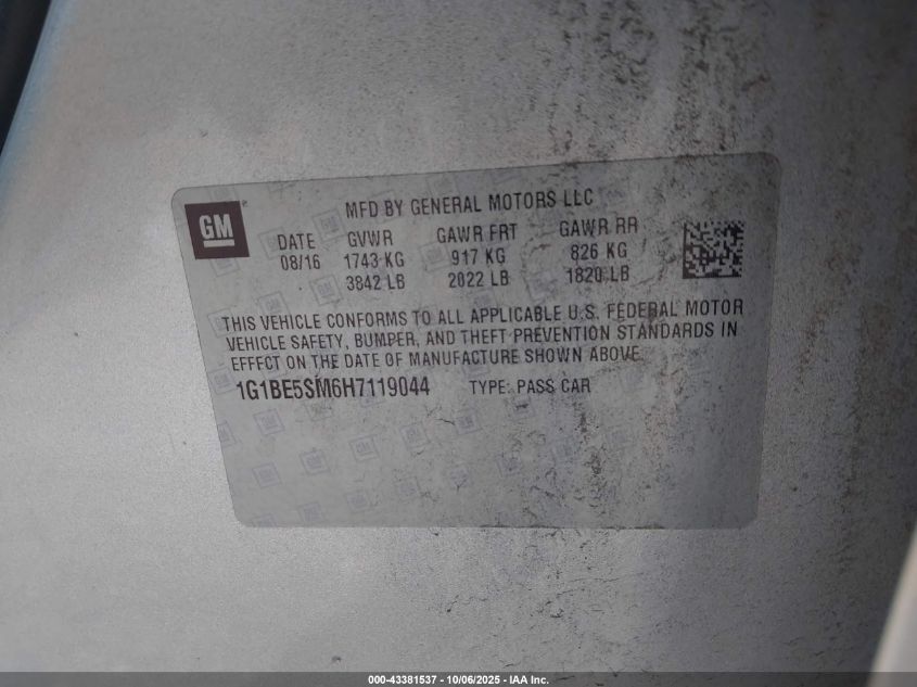 2017 Chevrolet Cruze Lt Auto VIN: 1G1BE5SM6H7119044 Lot: 43381537