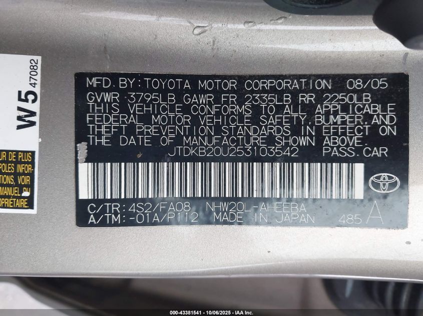 2005 Toyota Prius VIN: JTDKB20U253103542 Lot: 43381541